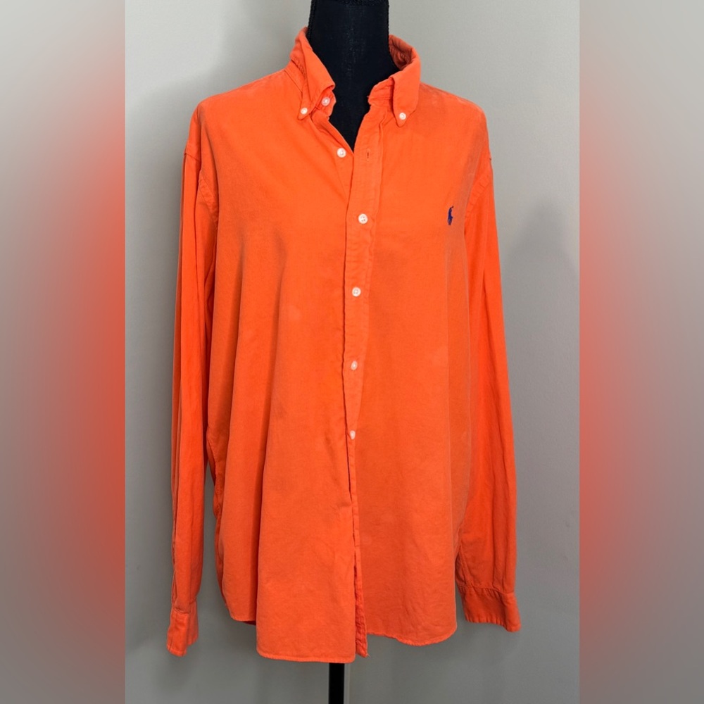 Ralph Lauren Corduroy Button‎ Down Shirt Large Orange Preppy Pony
